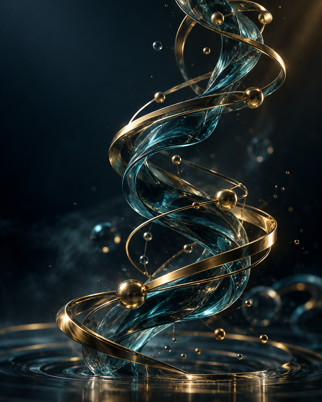 Suspended kinetic sculpture of teal glass and warm gold rings