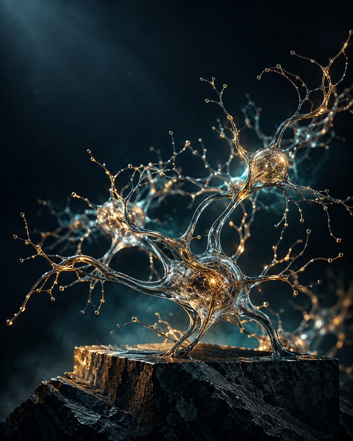 Editorial glass neural sculpture with fine gold connections