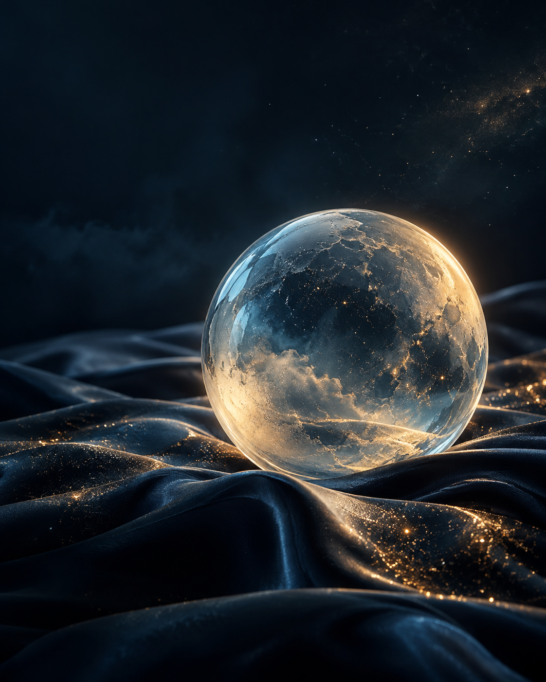 Frosted moonlike glass orb above rippled midnight fabric
