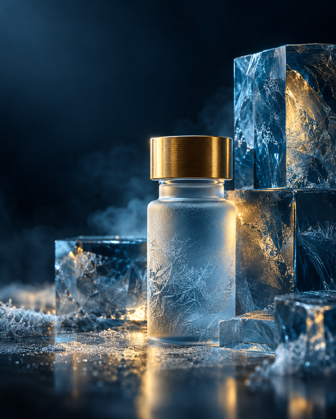 Frosted laboratory sample container beside translucent blue crystalline blocks