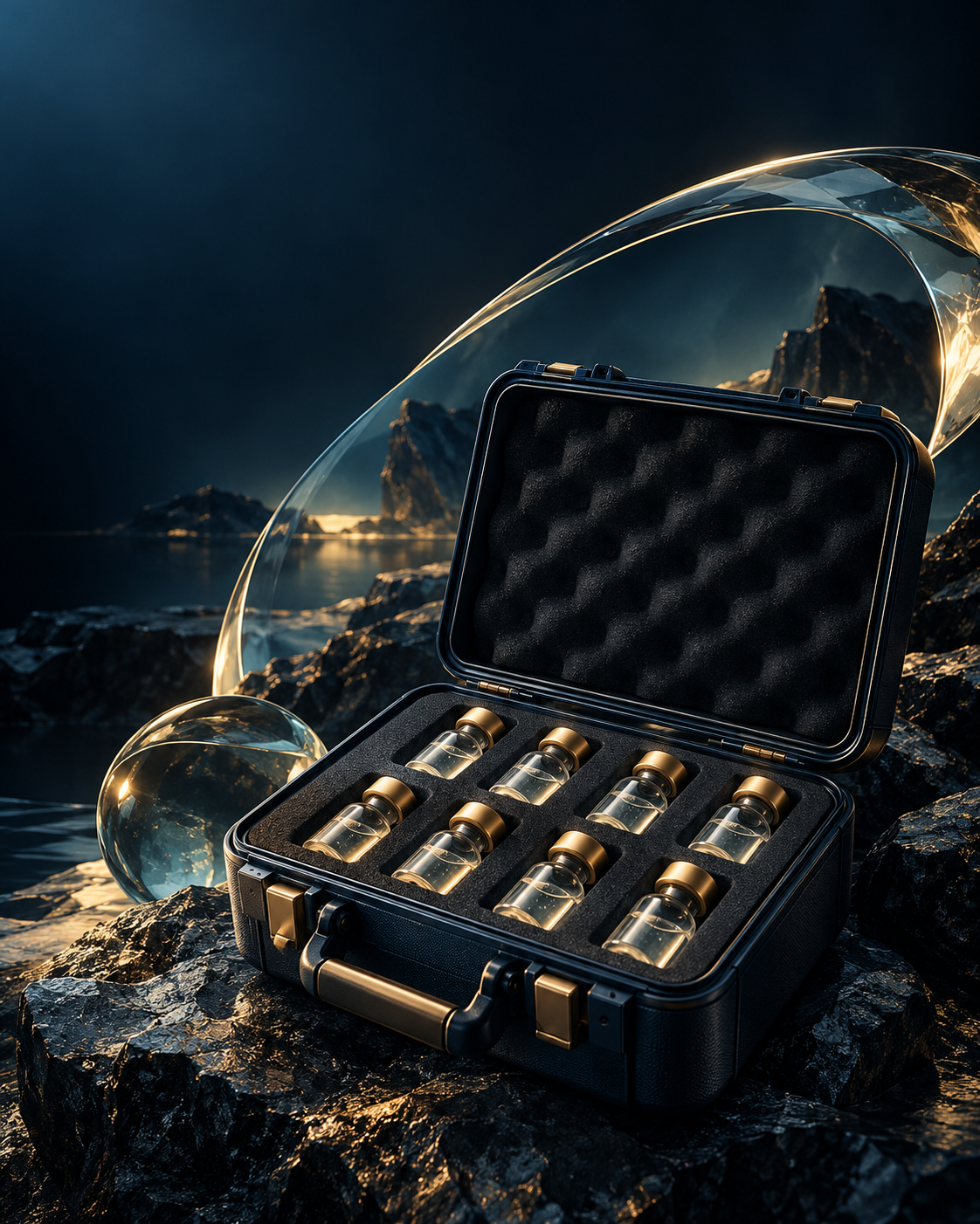 Compact laboratory transport case containing unbranded glass research vials