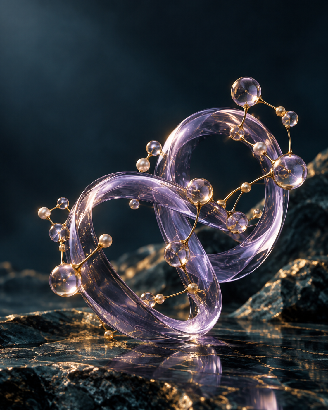Violet glass molecular-inspired loops connected by pearl-like nodes and gold rods